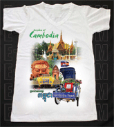 เสื้อยืดคอวีพร้อมสกรีนลายแหล่งท่องเที่ยว ลายประเทศกัมพูชา